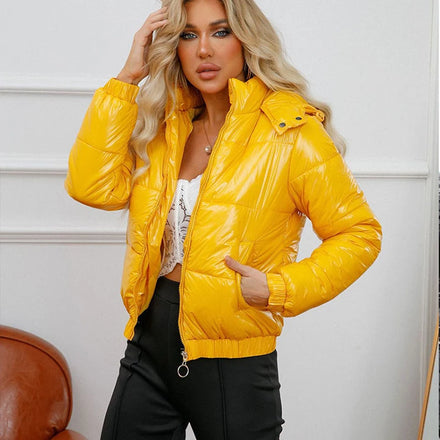 New Cross-Border AW Hooded Cotton Coat - Film-Coated Water-Repellent EU/US Stylish Long-Sleeve Shiny Outerwear for Women
