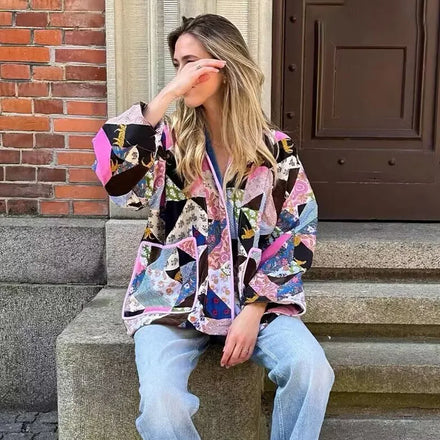 2026 AW New EU/US Cross-Border Women's Long-Sleeve Printed Color-Block Cotton Coat