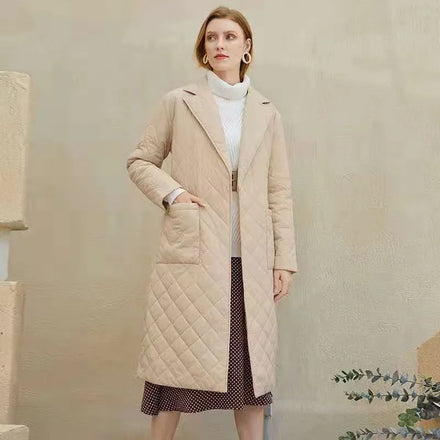 Cross-Border EU/US Autumn/Winter Stylish Collared Mid-Length Knee-Length Cotton Coat W/Belt - Slim-Fit Diamond-Quilted In-Stock