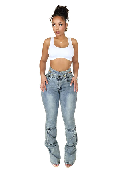 Women's 2025 Double Waistband Cargo Jeans - Trendy Multi-Pocket Straight Denim Pants