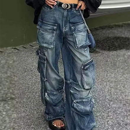 American Style Heavy Washed Multi-Pocket Cargo Jeans for Women Vintage Distressed Loose Fit Streetwear Custom OEM/ODM