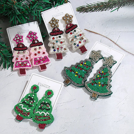 New Fashion Cross-border Christmas Beaded Earrings Series Bohemian Hand-sewn Christmas Tree Rice Bead Earrings Wholesale