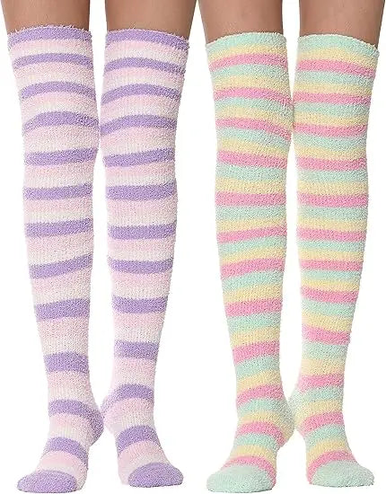 Womens Thick Knitted Thigh High Fuzzy Socks Warm Winter Over Knee High Long Striped Fluffy Cozy Coral Fleece