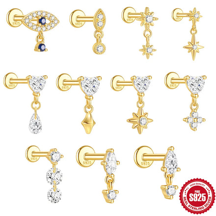 S925 Sterling Silver Distinctive Love Horse Eye Diamond Tassel Flat Head Thread Puncture Ear Nail Fine Dangle Stud Earrings Gift
