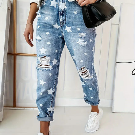 2026 New European and American Women's Western Distressed Denim Pants - New Cross-Border Style Printed Straight-Leg & Casual