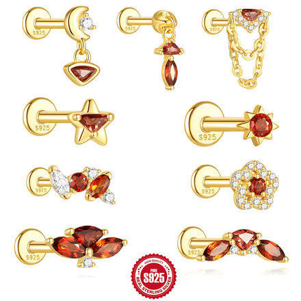 S925 Sterling Silver Geometric Diamond Flat Head Thread Earrings Red Garnet Retro French Trendy for Ear Bone Stud Earrings Hot