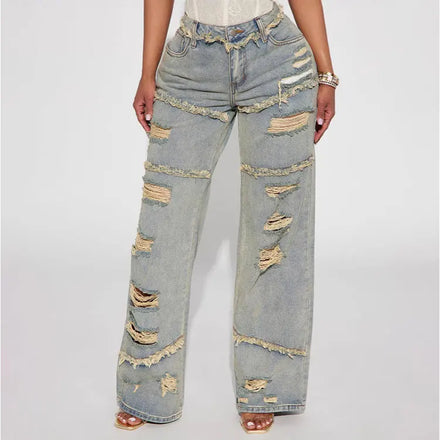 Women's American Retro Washed Distressed Denim Pants - Baggy Wide-Leg Heavyweight High-Street Edgy Style