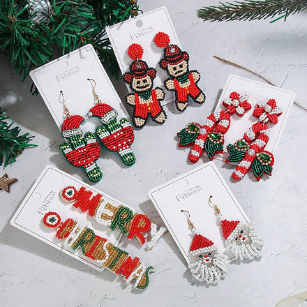 New Fashion Cross-border Christmas Beaded Earrings Series Handmade Holiday Letters Cactus Santa Claus Rice Bead Earrings