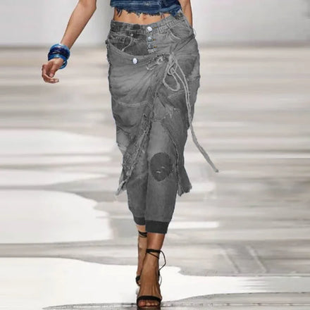 Women's Cross-Border High-Waisted Denim Pants - Distressed Tied Trendy Slim-Fit & Ribbed Cuffed