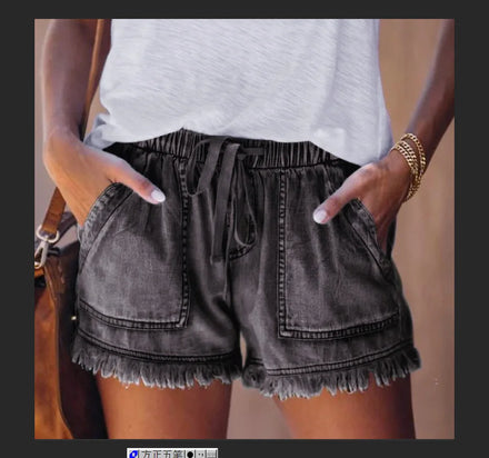 2026 Summer New Women's Western Cross-Border Denim Shorts - Elastic Waist with Drawstring High-Waisted Slim-Fit Casual(2)