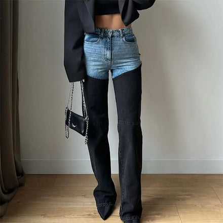 Cross-Border 2026 Spring Western New Women's Denim Pants - Stylish Casual Color-Block Patchwork Straight-Leg Distressed