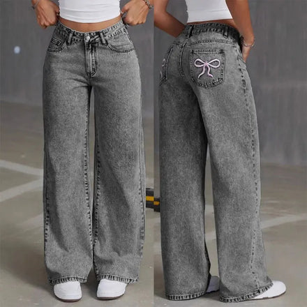 Women's Hot-Selling High-Rise Straight-Leg Bow Embroidery Jeans - Sweet-Spicy Loose Casual