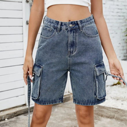 2026 Summer New Women's Washed Denim Cargo Shorts - Street Fashion