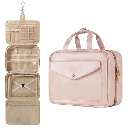 Women's PU Leather Large Capacity Makeup Bag Water Resistant Foldable Zipper Travel Storage Box Handle Fashionable Cosmetic Bag