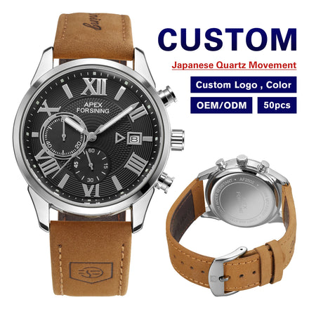 OEM APEX Leather Strap Hardlex Crystal 10m Water Resistant Dial Famous Brand Gold Luxury Fashion Quartz Chronograph Men's Watch