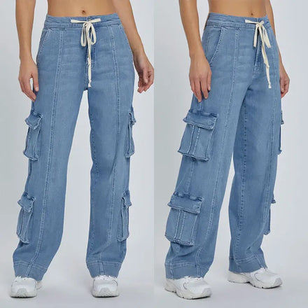2026 Spring New Women's Street Washed Cargo Jeans - Multi-Pocket Wide-Leg Tie-Waist