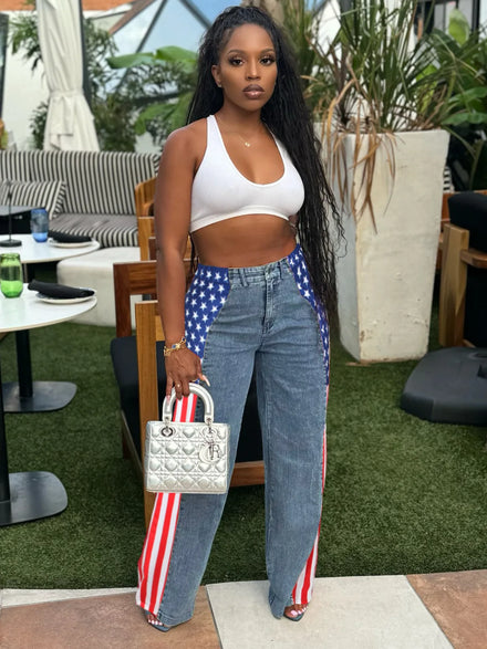 2026 Women's Denim Pants - US Flag Print Stretchy Wide-Leg High-Waisted Straight-Leg Casual
