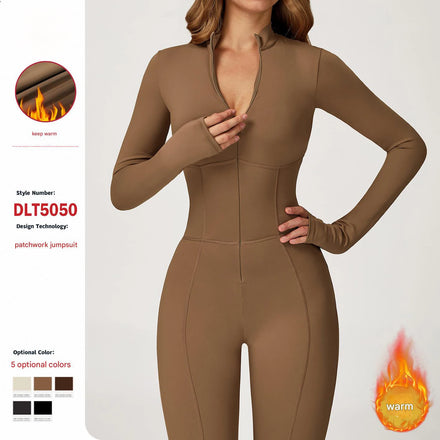 Lanyu Quick Drying Breathable Four-Way Stretch One Piece Bodysuit Stand-Up Collar Zipper Long-Sleeved Fleece Sports Jumpsuit