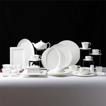 PITO Factory Production Supply Hotel Luxury White Diamond Embossed Bone China Dinnerware Set Dinner Set Hotel Tableware