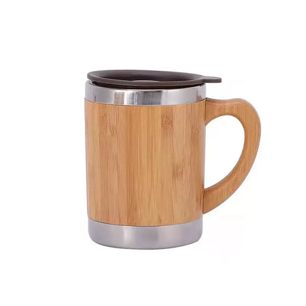 Eco-friendly Reusable 350ml Travel Double Wall Stainless Steel Beer Tea Cups Handle Lid Bamboo Coffee Mugs for Drinking