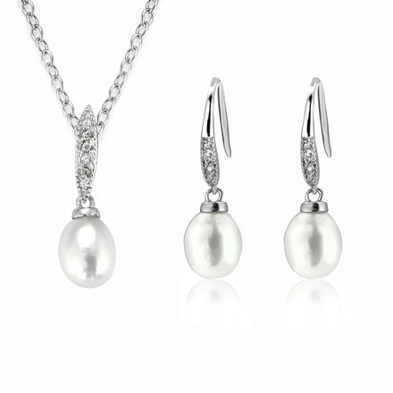 Simple Design 925 Sterling Silver Drop Cultured Pearl Earring Necklace Set Women Jewelry AAA Grade 6.5-7mm 8-8.5mm Pearls Gold