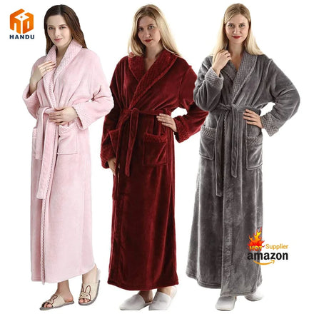 Custom Extra Long Coral Fleece Flannel Bathrobe Thick and Warm Thermal Microfiber for Women for Winter Hotel Sleepwear