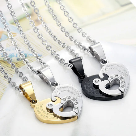 Personalized Stainless Steel Chain Necklace Love Heart Splicing Gold Zircon Pendant Fashion Jewelry for Couples Christian Gifts