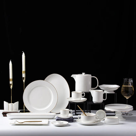 PITO Factory Production Supply Hotel Restaurant Fine Bone China Gold Rim Hotel Dinnerware White Ceramic Dinnerware Wholesale