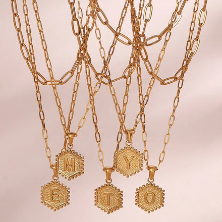 Dreamshow Anti Tarnish Jewelry Double Layer Paper Link Chain Hexagon Initial Necklace Gold Plated Stainless Steel Necklace