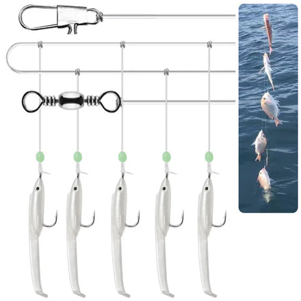 5Pcs/Lot 1# Soft Lure Baits Eel Sabiki Lure Set with White Small Fishes Shrimp String Sabiki Rigs for Saltwater Fishing Tackle
