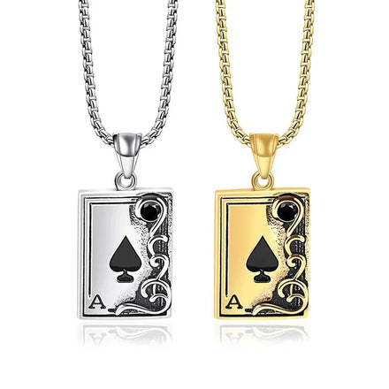 BINSHUO Custom Hip Pop Vintage Playing Card Ace Spades Pendant Necklace Gold Stainless Steel Titanium Steel Zircon Party