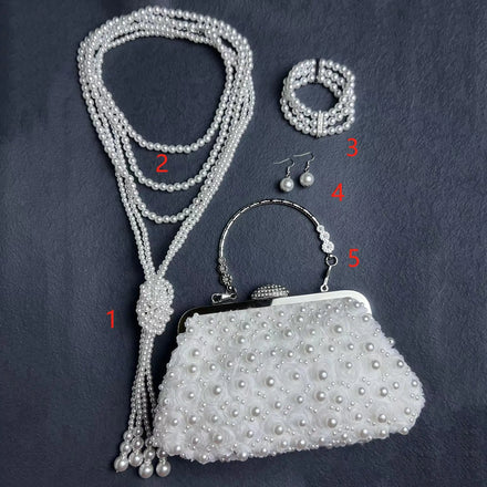 Multi-layer Long Pearl Necklace Earrings Bracelet Set Clutch Handbag Portable Diagonal Bag Wedding Gift Party