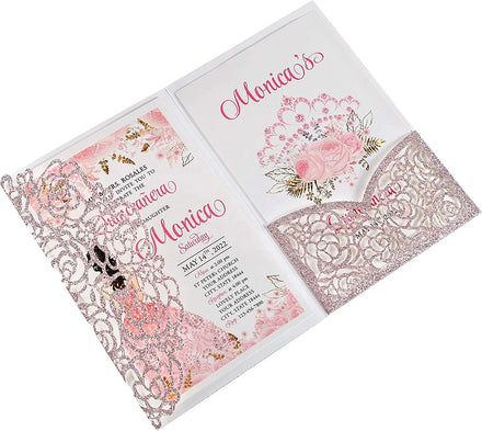 Hot Sale Gold Luxury Butterfly Rose Laser Cut Glitter Quinceanera Invitations Quinceanera Invitaciones