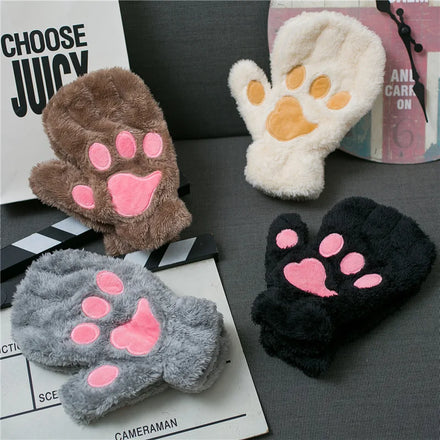 MIO Womens Cartoon Full-Finger and Fingerless Thicken Mittens Winter Warm Soft Plush Cat Gloves Girls Cute Cat Claw Paw Gloves