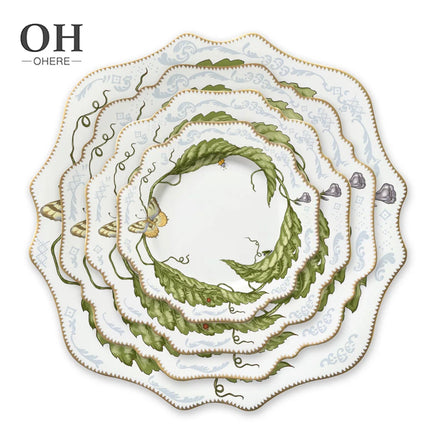 Modern Customized Green Leaf Butterfly Sunflower Porcelain Tableware Wedding Party Dinner Plates Hand-Painted Charger Plates
