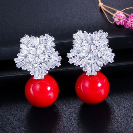 Fashion Silver Color Quality Cubic Zirconia Setting Large Flower Stud Drop Earrings with Red Pearl Wedding Jewelry for Women
