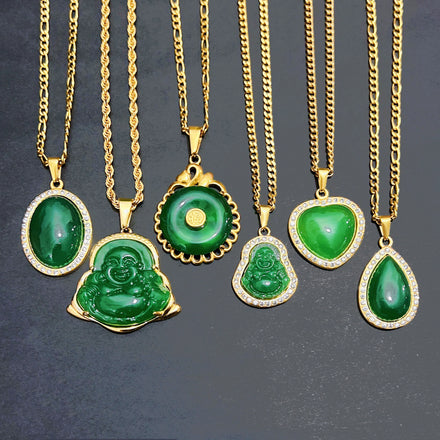 Green Jade Lucky Amulet Buddha Necklace Stainless Steel Crystal Laughing Religious Maitreya Carved Jade Buddha Pendant Necklace