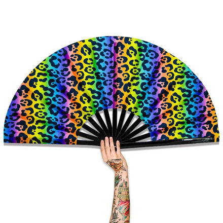 Custom Printed 33CM Large Reflective Bamboo Fabric Folding Clack Hand Fan As Rave Party Accessories