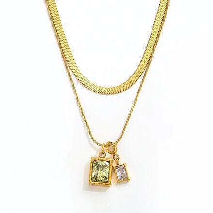 Fenny 18K Gold Plated Double Layer Snake Chain Zirconia Rectangle Pendant Necklace Stainless Steel Jewelry Wholesale