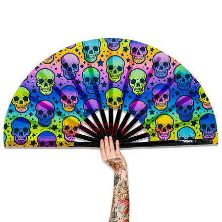 In Stock UV Reflective Large Skulls Party Rave Festival Bamboo Fabric Fan Hand Held Personalized Folding Clacking Fan