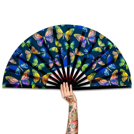 In Stock UV Reflective Large Butterfly Women Party Rave Bamboo Fan Handheld Folding Clack Dance Fan