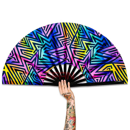 Custom Printed Wholesale 33CM Large UV Reflective Clack Bamboo Rave Festival Folding Hand Fan