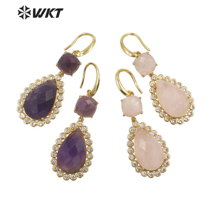 WT-E697 Wholesale Fashion Micropaved Cubic Zircon Setting Stone Earrings Attractive Long Drop Gemstone Hoop Earrings for Gift