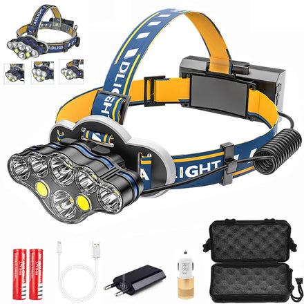 Powerful 5/6/7/8 LED 8 Modes 90 Degrees Adjustable 12000 Lumens 500m Range Waterproof Rechargeable Usb Led Head Torch Headlamp
