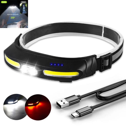 HELIUS 270-degrees Wide Range 5 Modes Cob Waterproof 2 Color Rechargeable Usb Led Head Torch Flashlight Headlights Headlamp