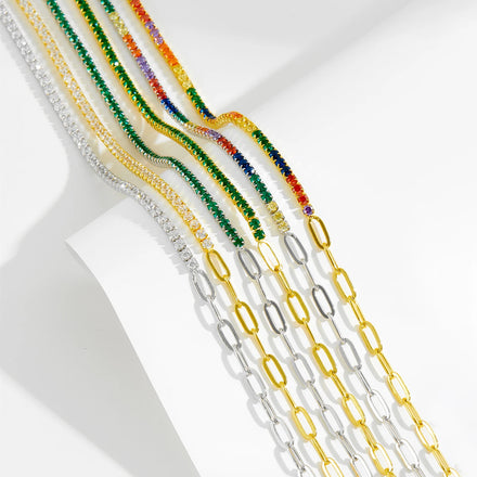 FUAMAY 925 Sterling Silver Half Cuban Link Half Colorful Tennis Chain Collana Tennis 2 mm Collana Tennis Regolabile Argento
