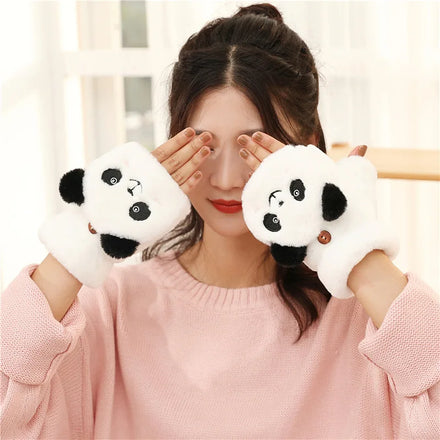 MIO Women Thermal Insulation Fingerless Gloves Cute Bear Plush Mittens Flip Winter Thick Warm Soft Fluffy Gloves for Girls