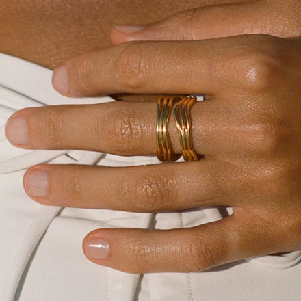 Fenny 18K Gold Plated High End Multi-layer Hollow Wave Shaped Stainless Steel Ring Trend for Women Wholesale Jewelry