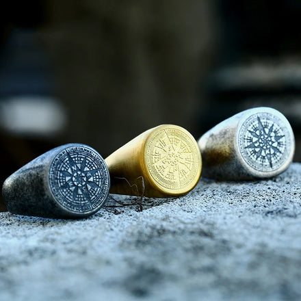 OAHLAN Wholesale Fashion Jewelry Vintage Gold Silver Black Compass Design Stainless Steel Ring for Men and Women