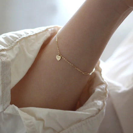 Trendy Design S925 Sterling Silver Cute Heart Charm Cable Chain 14k Gold Plated Bracelet for Girl Women